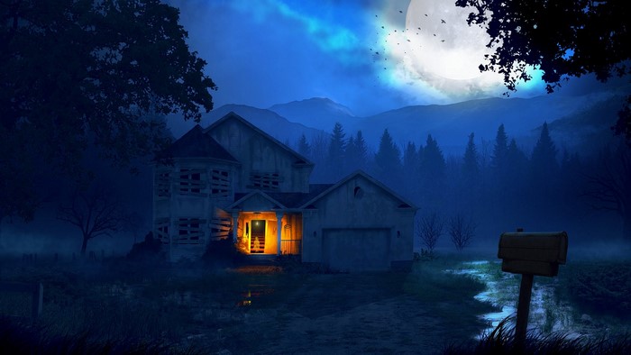 Abandoned house at night with a full moon