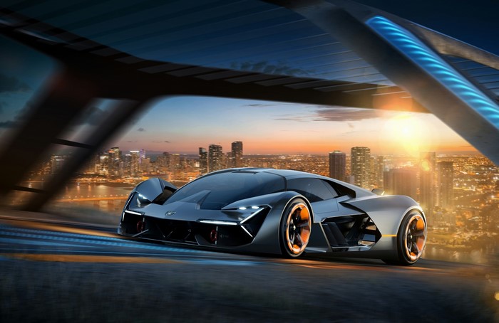 Lamborghini Terzo Millennio concept car in city at sunset