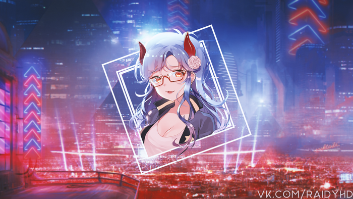 Anime girl with glasses and horns in a futuristic city