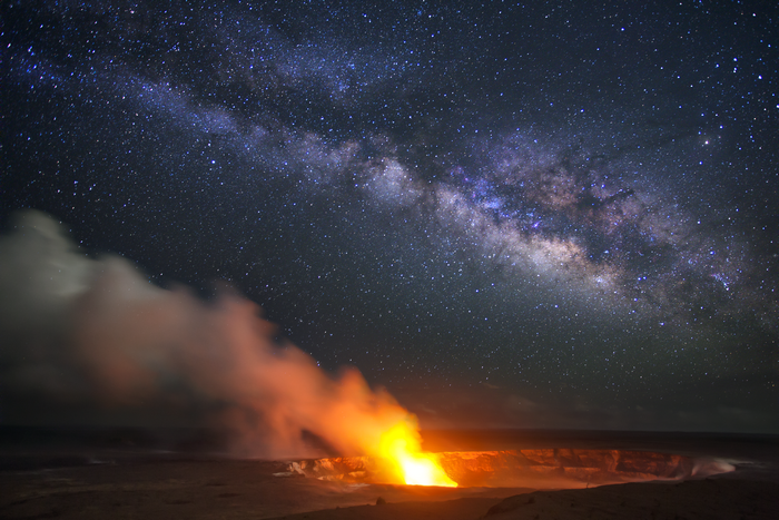 Milky Way over Kilauea volcano eruption in Hawaii