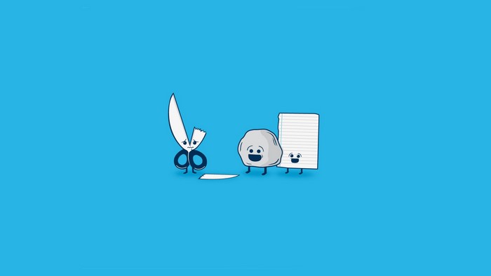 Sad Scissors, Rock, and Paper characters playing Rock Paper Scissors
