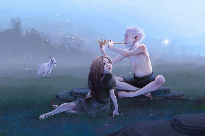 Elves playing flute with goats in a misty landscape