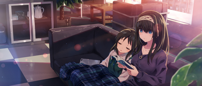 Arisu Tachibana and Sagisawa Fumika reading on a couch