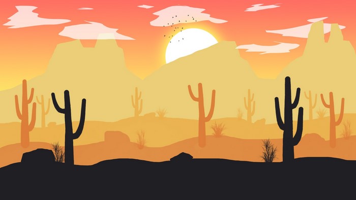 Desert landscape with cacti and mountains at sunset