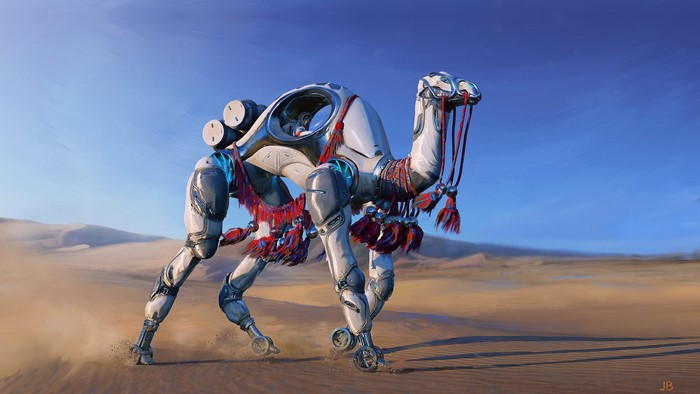 Mechanical camel walking through a desert landscape