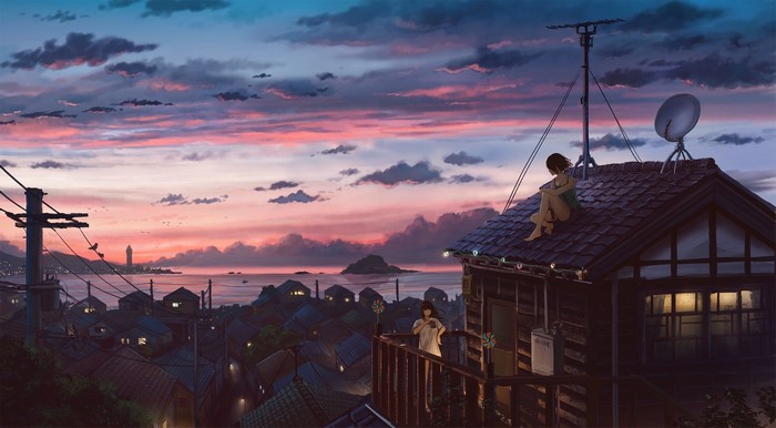 Anime girls watching sunset over coastal town