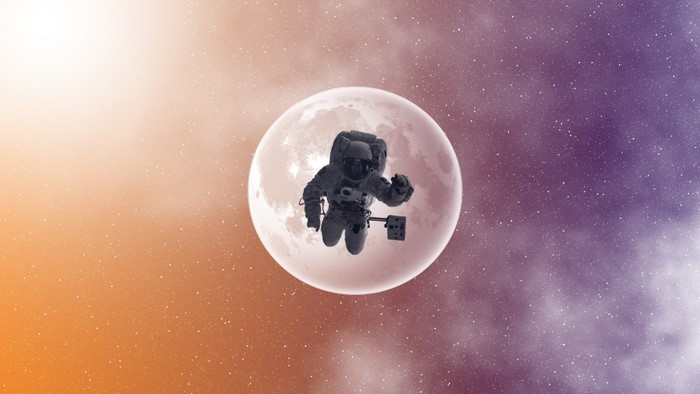 Astronaut floating in front of the Moon with colorful nebula background