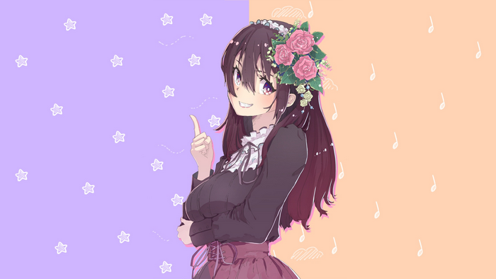 Anime girl with flowers in her hair and musical notes