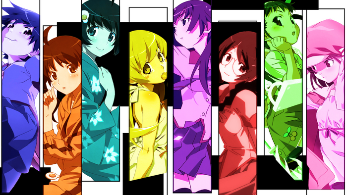Monogatari Series characters in colorful panels