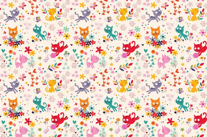 Colorful cartoon cats and flowers pattern