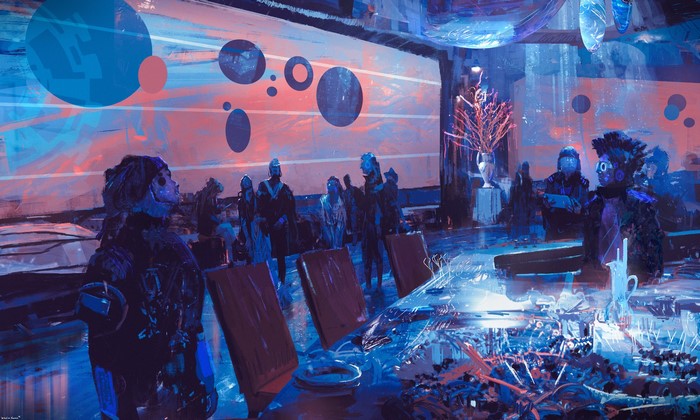 Futuristic bar with people in cyberpunk attire
