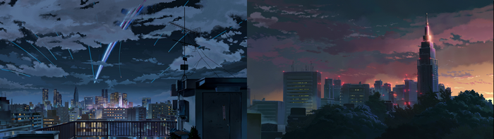 Anime cityscape at night and dusk