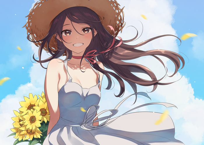 Anime girl with sunflowers and straw hat