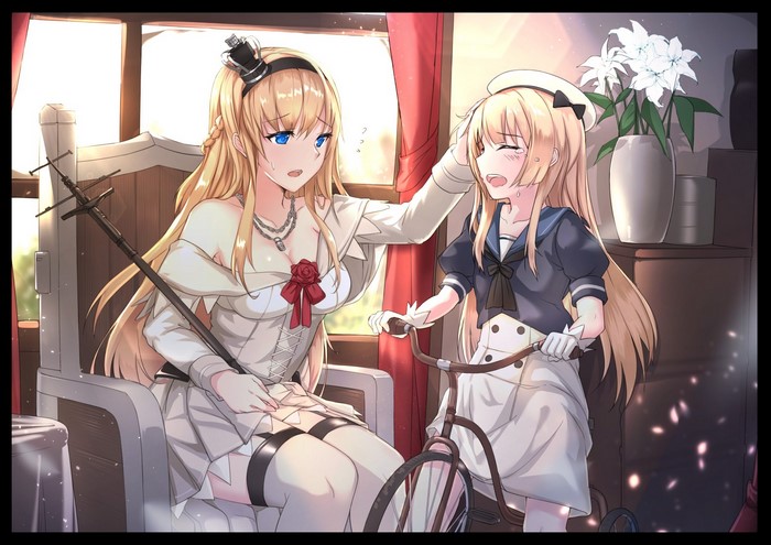 Two anime girls, one in a white dress and one in a sailor uniform, with a bicycle