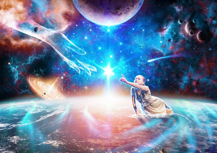 Cosmic scene with a giant hand reaching for a girl