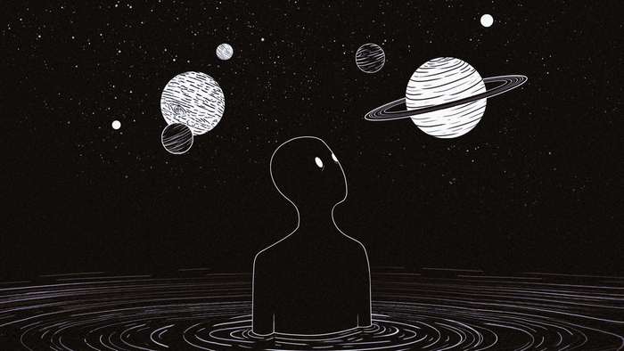 Monochrome space scene with planets and a figure