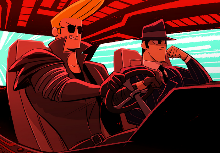 Johnny Bravo and Samurai Jack in a car