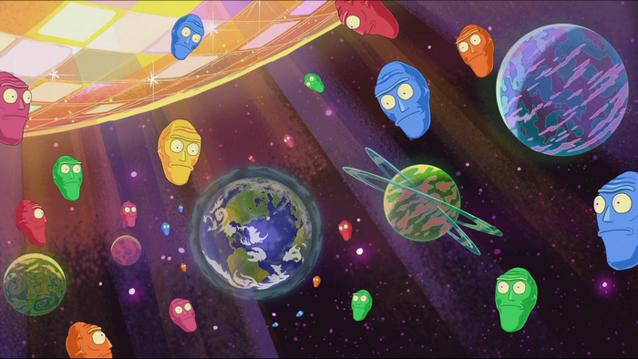 Rick and Morty multiverse with floating heads and planets
