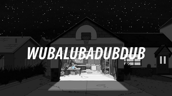 Wubalubadubdub text over Rick and Morty garage scene