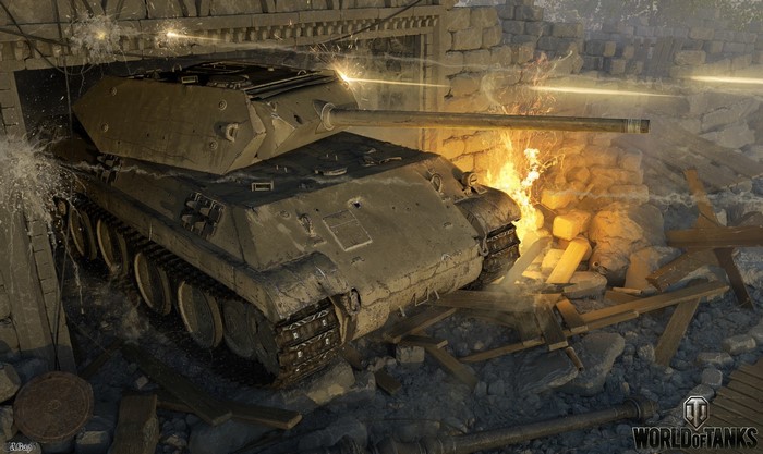 World of Tanks tank breaking through a wall