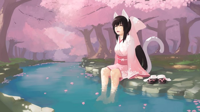 Himari Noihara sitting by a stream under cherry blossoms