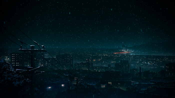Snowy night cityscape from Fate/Stay Night anime