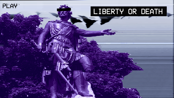 Glitch art statue with "Liberty or Death" text