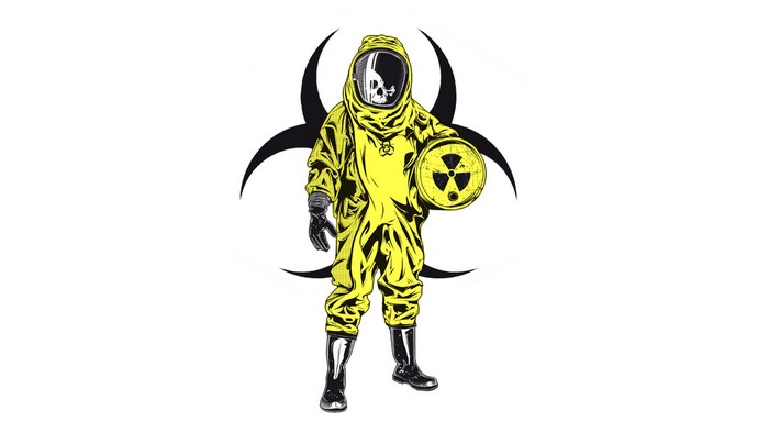 Person in Hazmat Suit Holding Radioactive Barrel with Biohazard Symbol