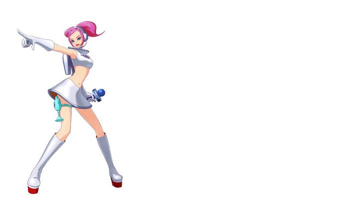 Anime girl with pink hair in a white futuristic outfit