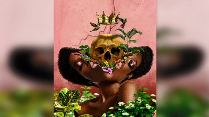 Woman with skull and flowers, crown, hummingbirds