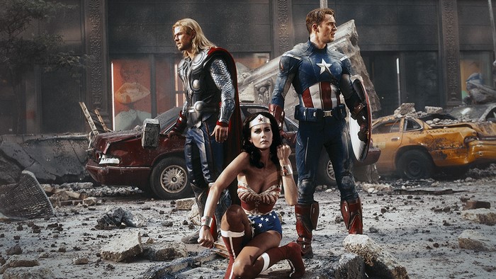Thor, Captain America, and Wonder Woman in a destroyed city