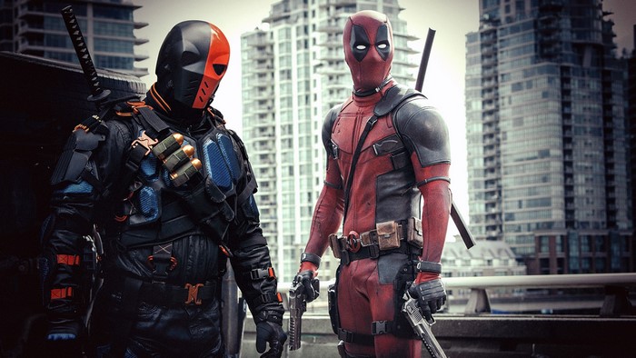 Deathstroke and Deadpool with Cityscape Background