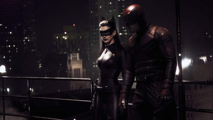 Catwoman and Daredevil on a rooftop at night