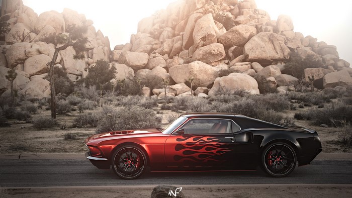 Ford Mustang with flames in desert landscape