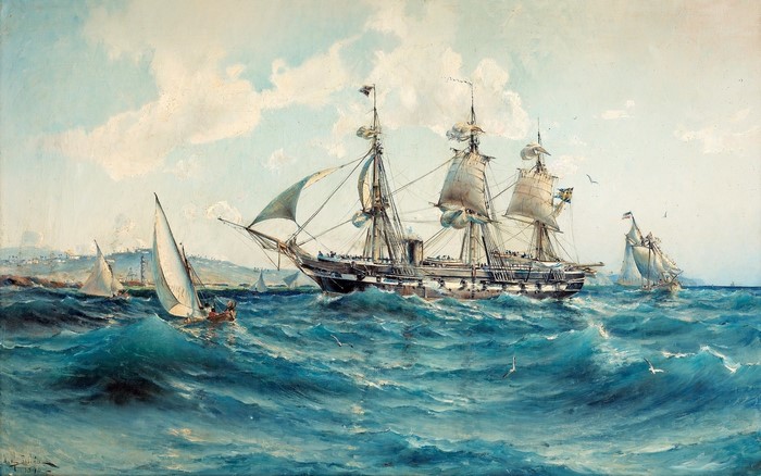 Painting of a large sailing ship at sea with smaller sailboats