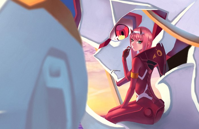 Zero Two from Darling in the FranXX with a lollipop