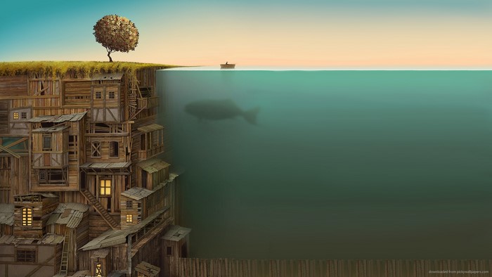 Fantasy cliffside village with a boat and whale underwater