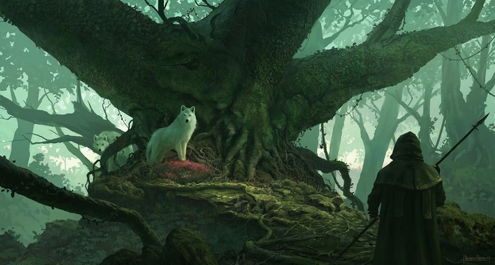 Fantasy art of wolves and a hooded figure in a forest