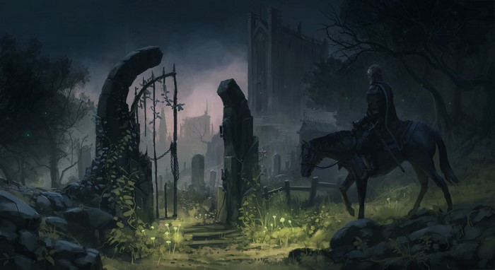Horseman in a ruined graveyard at night