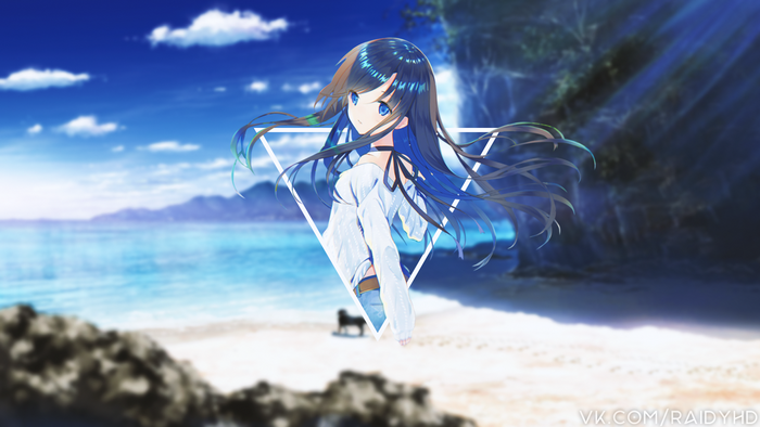 Anime girl with blue eyes and black hair on a beach