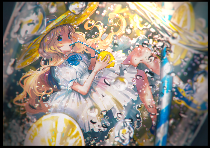 Anime Girl Drinking Lemonade with Blue Eyes
