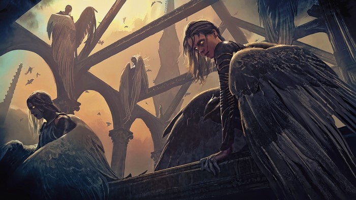 Angels in a ruined gothic structure at sunset
