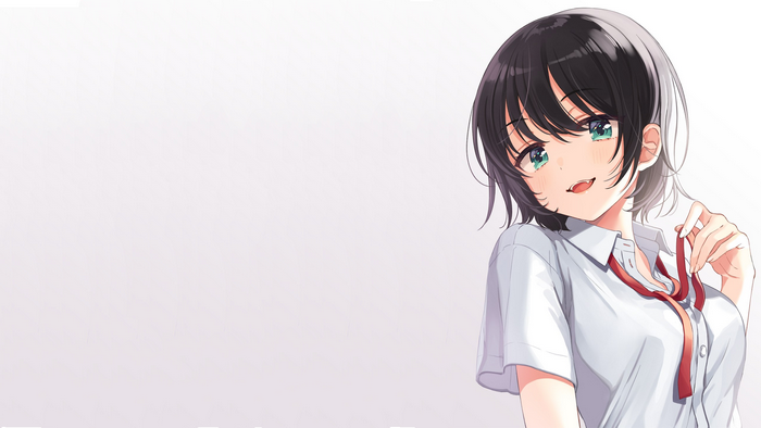 Anime girl with black hair and green eyes wearing a white shirt and red tie