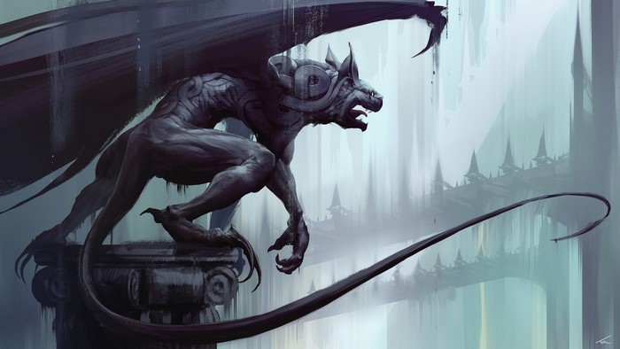 Gargoyle perched on a column with a misty castle background