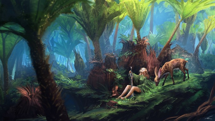 Woman and deer in a fantasy jungle by Thomas Chamberlain