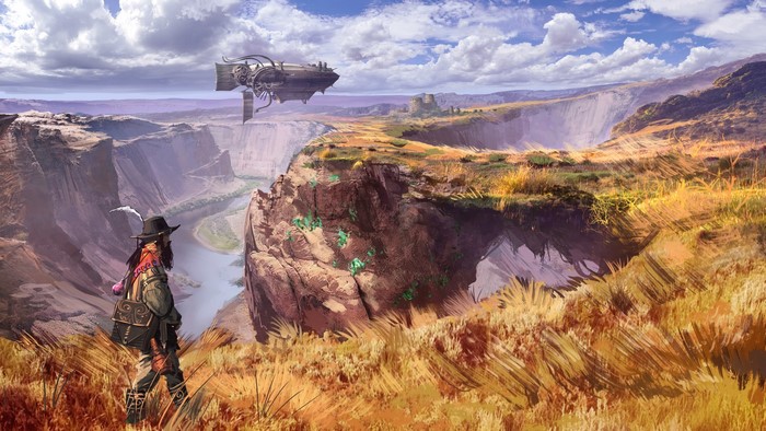 Steampunk Airship over a Canyon Landscape