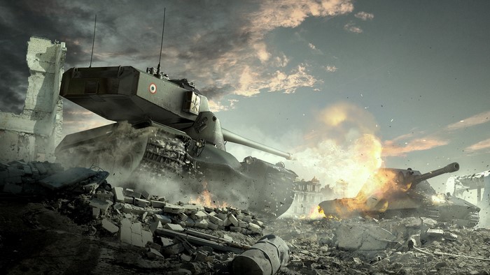 Tanks in a destroyed city during a battle