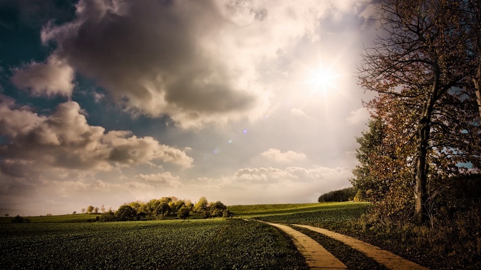 Dirt road through a field under a cloudy sky