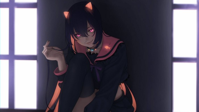Anime girl with cat ears and glowing pink eyes