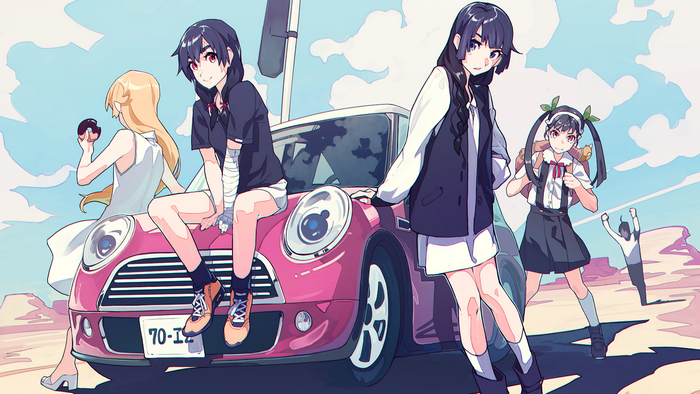 Girls from Monogatari Series with a Mini Cooper